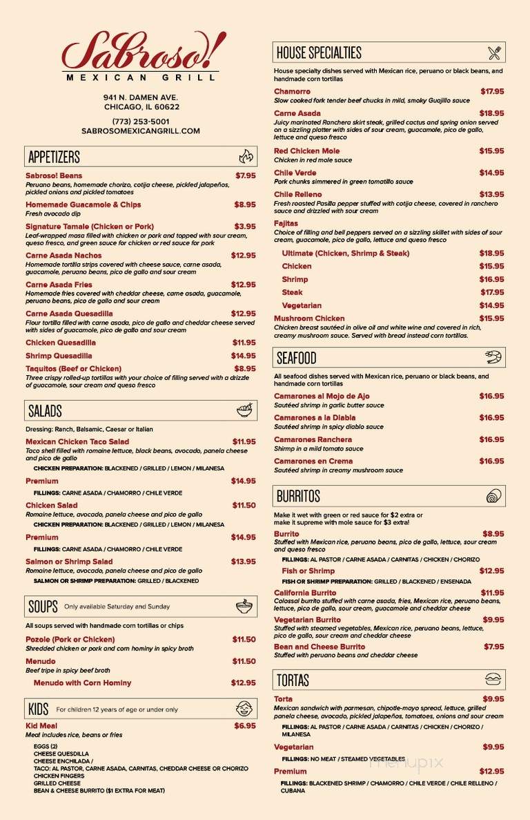 Sabroso Mexican Grill - Chicago, IL menu_pic