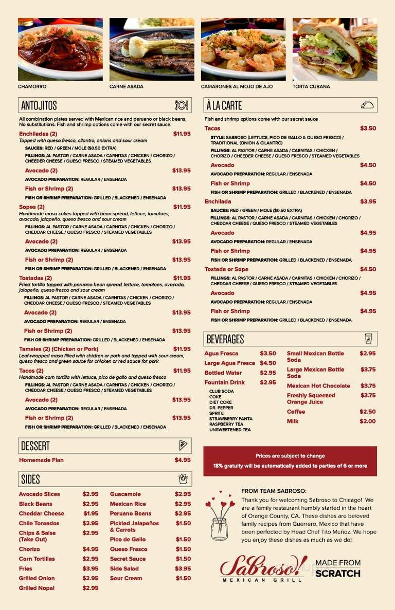 Sabroso Mexican Grill - Chicago, IL menu_pic