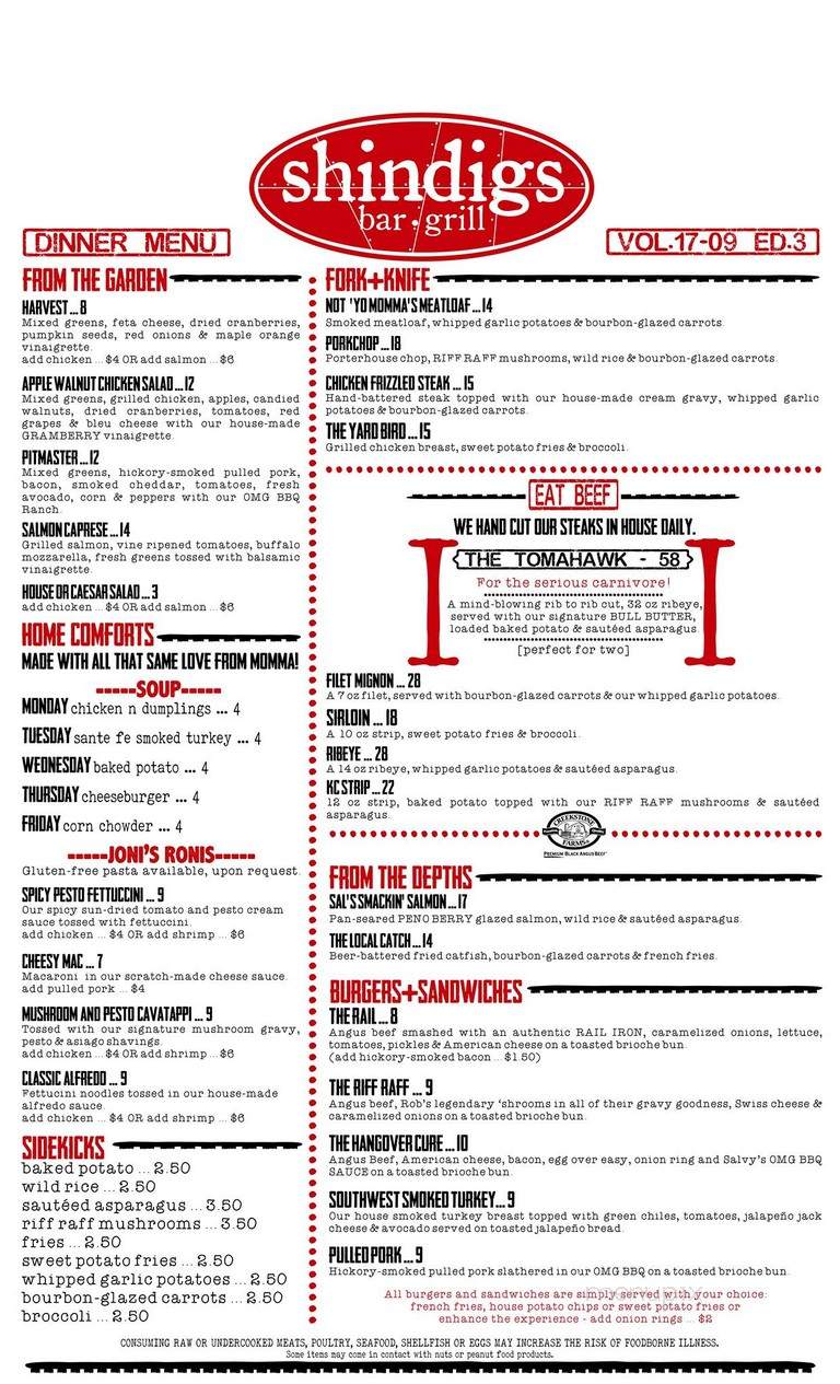 Shindigs Bar & Grill - Winfield, KS menu_pic