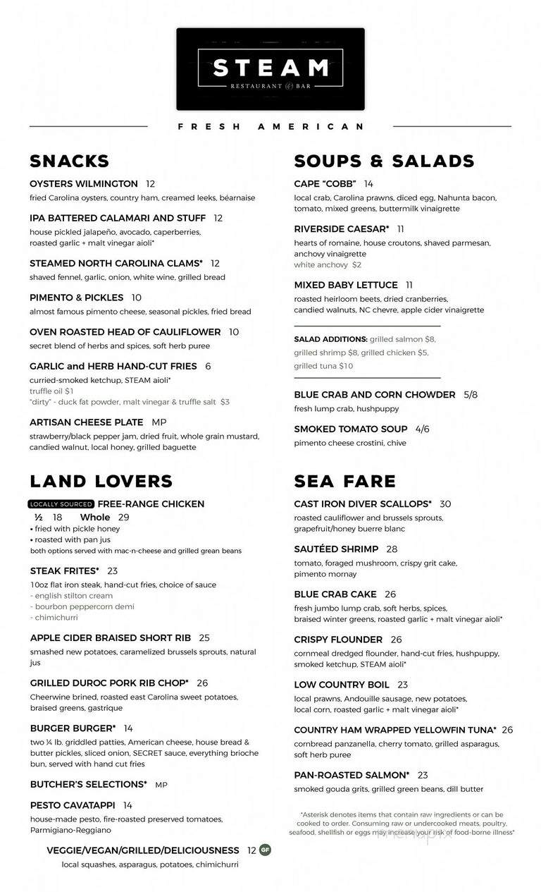 Menu of Steam Restaurant in Wilmington, NC 28401