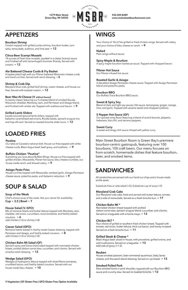 The Main Street Bourbon Room - Green Bay, WI menu_pic