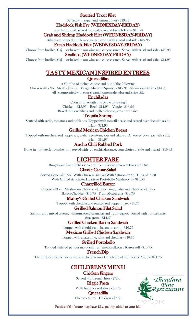 Thendara Pine Restaurant - Thendara, NY menu_pic