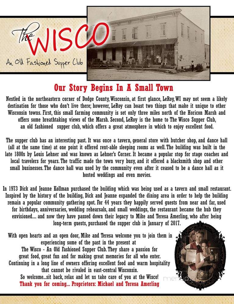 The Wisco An Old Fashioned Supper Club - Mayville, WI menu_pic