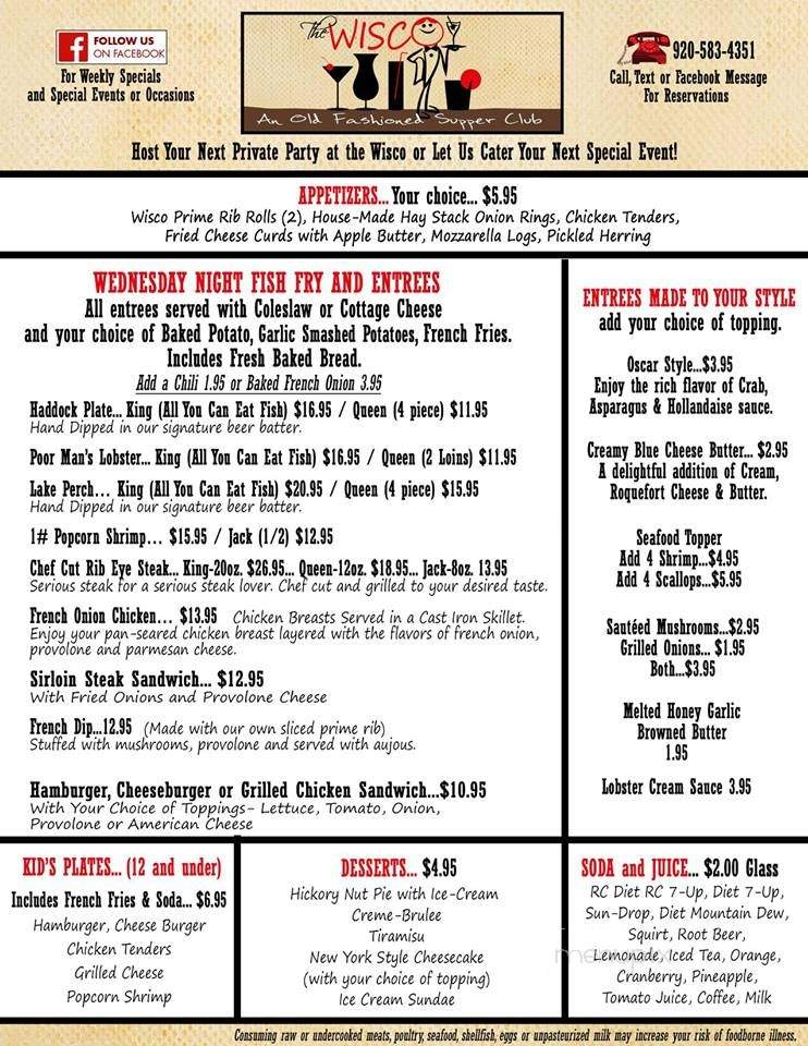 The Wisco An Old Fashioned Supper Club - Mayville, WI menu_pic