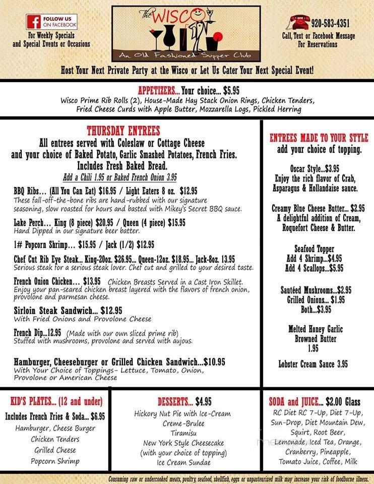 The Wisco An Old Fashioned Supper Club - Mayville, WI menu_pic