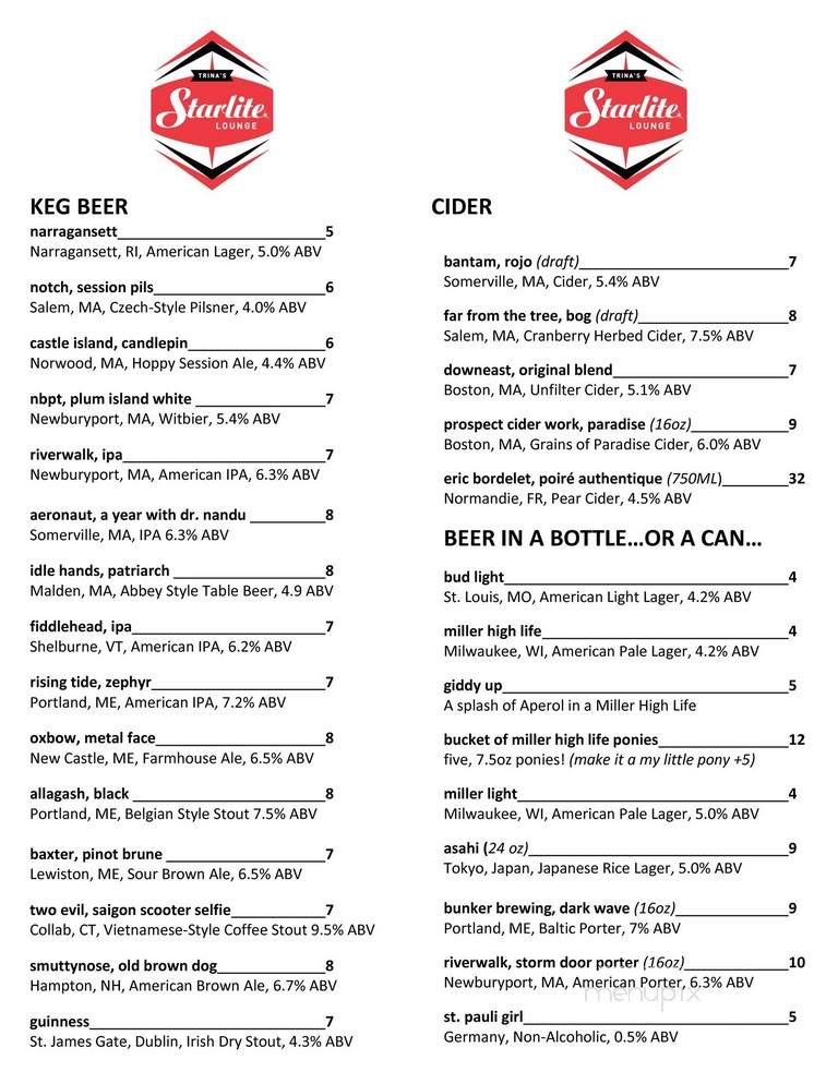 Trina's Starlite Lounge Amesbury - Amesbury, MA menu_pic