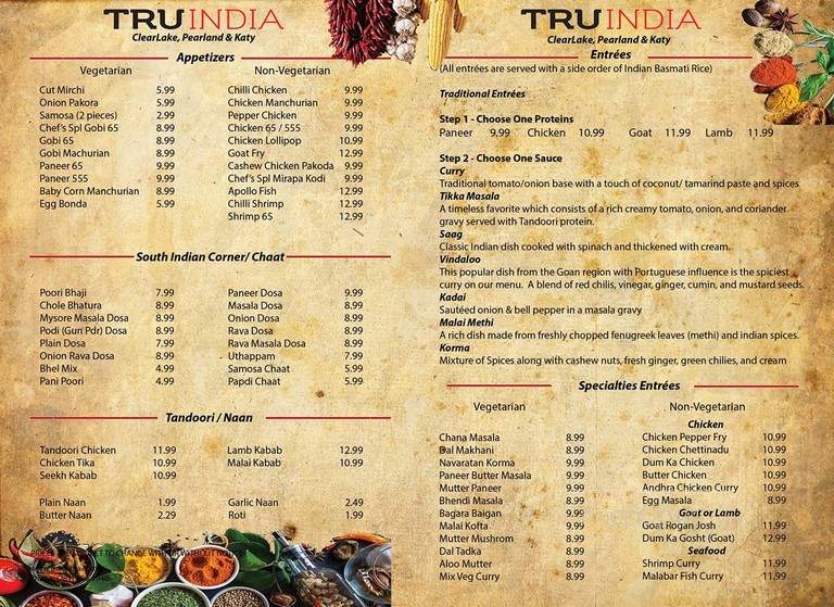 Tru India Restaurant - Houston, TX menu_pic