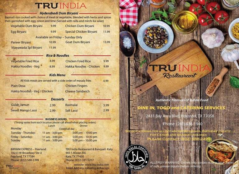 Tru India Restaurant - Houston, TX menu_pic