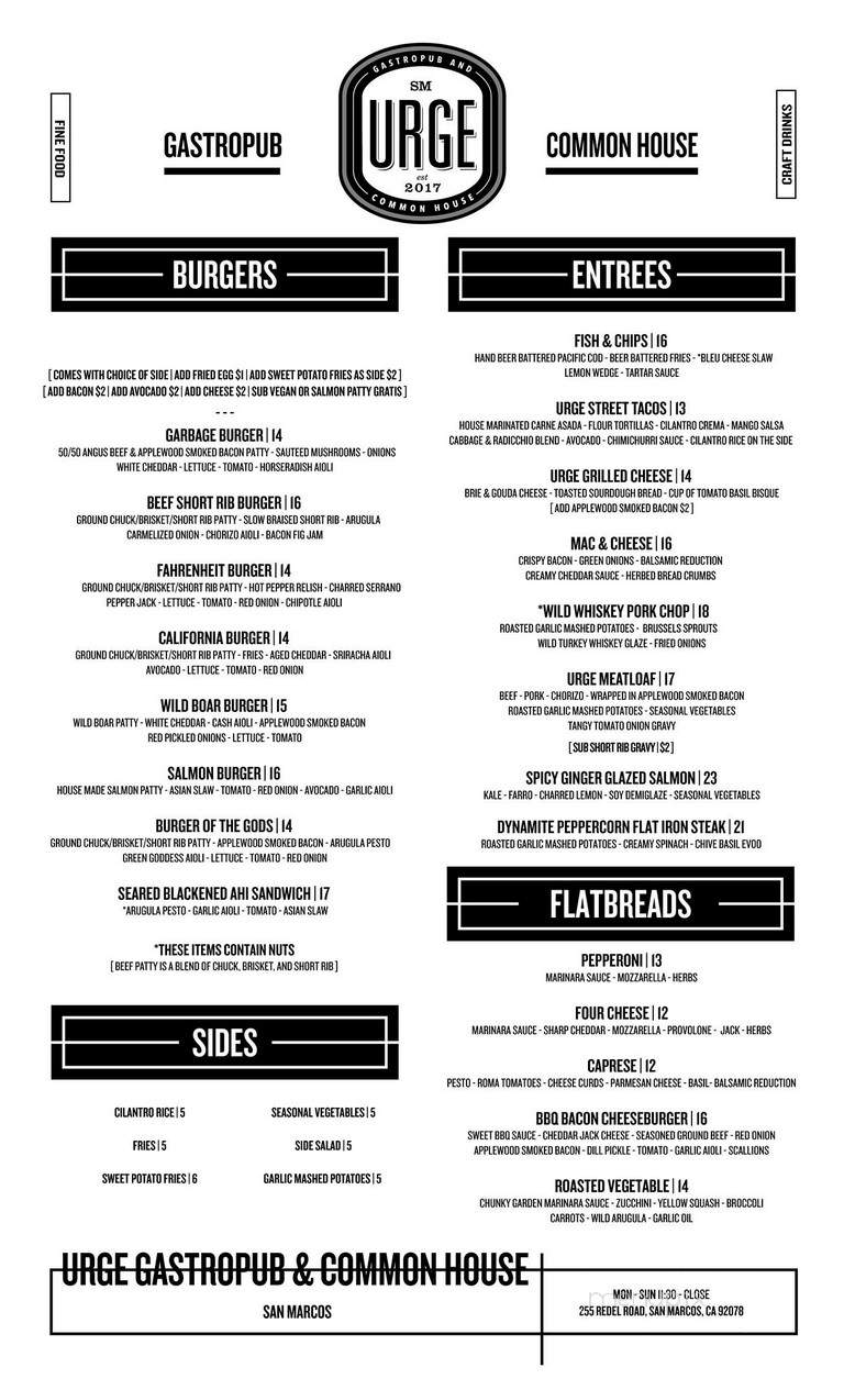 Urge Gastropub & Common House - San Marcos, CA menu_pic