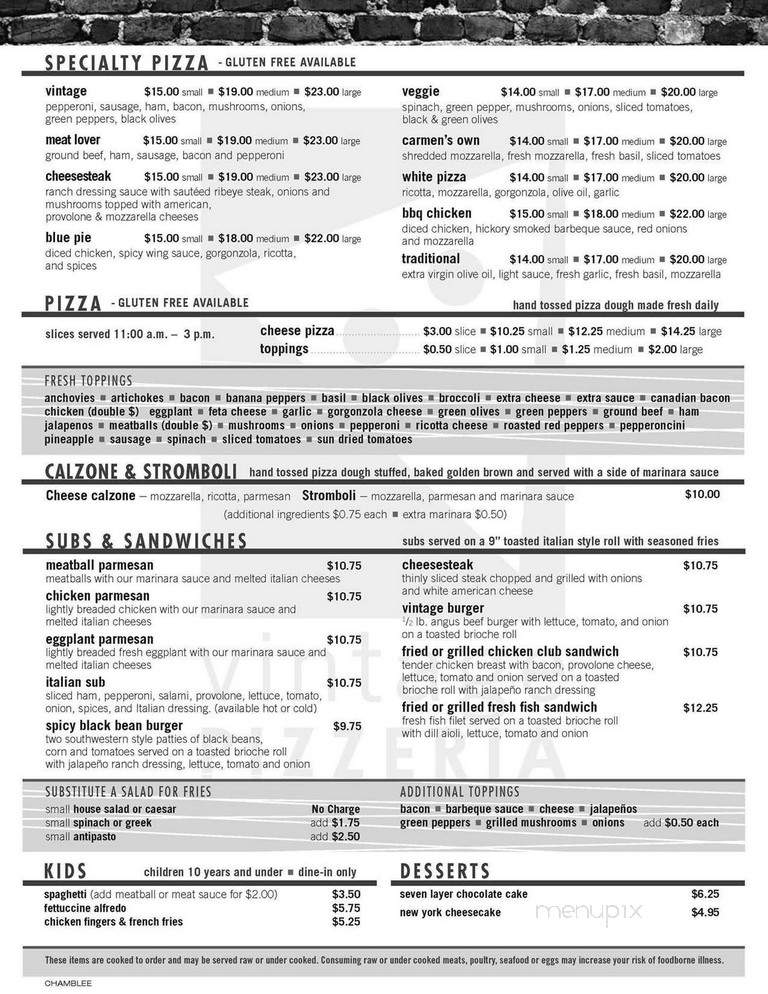 Vintage Pizzeria - Dunwoody, GA menu_pic