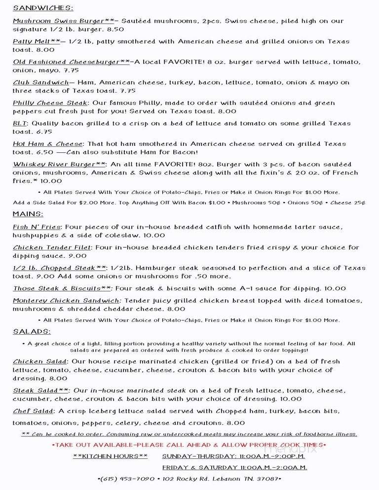 Whiskey River Bar & Grill - Lebanon, TN menu_pic
