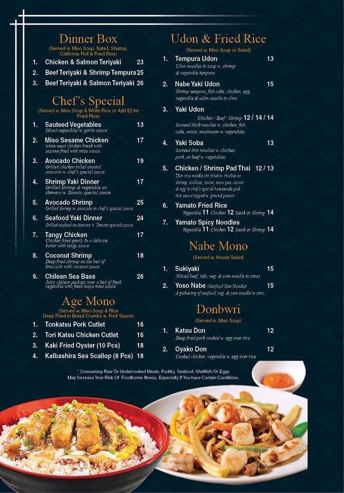 Yamato Hibachi & Sushi Bar - Norwood, MA menu_pic
