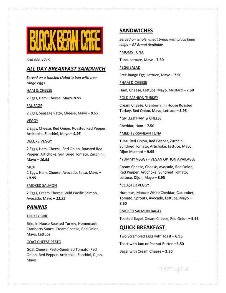 Black Bean Cafe & Roasting - Gibsons, BC menu_pic