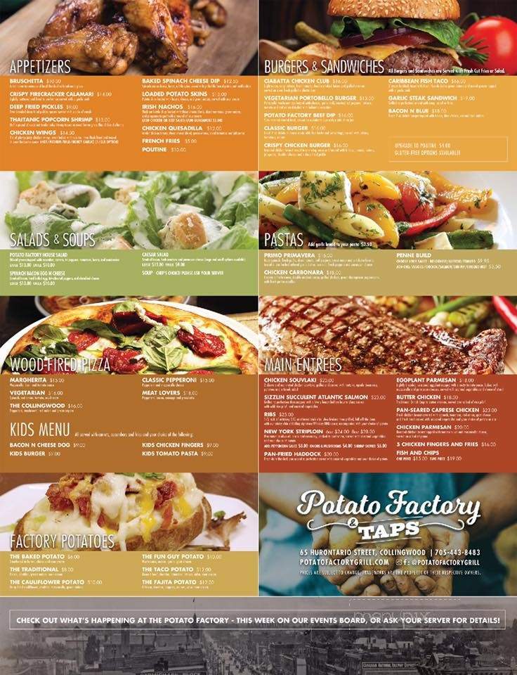 Menu of Potato Factory Bar & Grill in Collingwood, ON L9Y 2L7