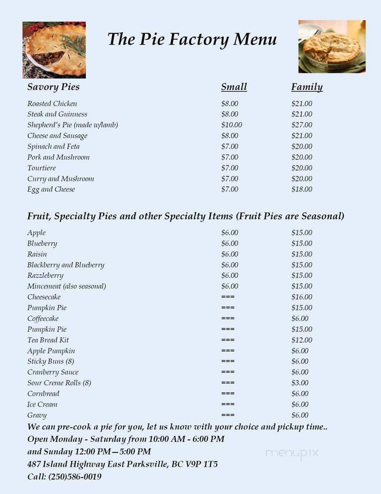 The Pie Factory - Parksville, BC menu_pic