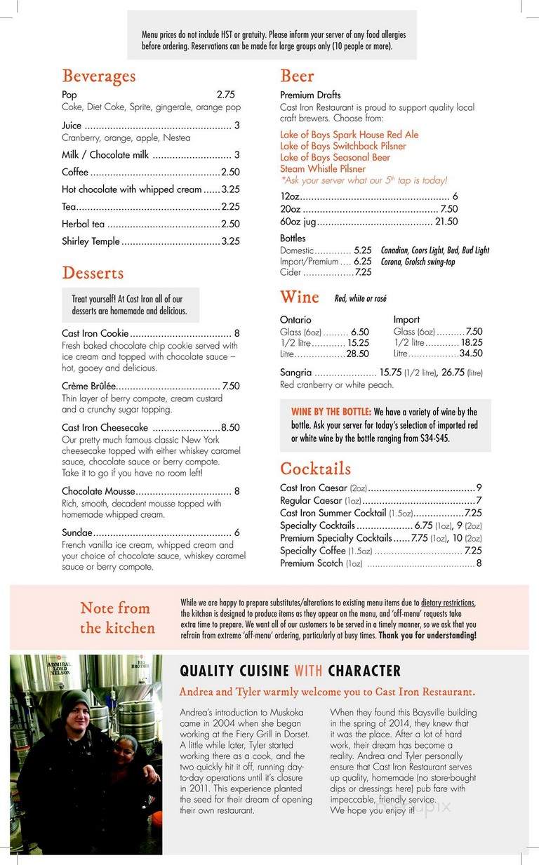 Cast Iron Restaurant - Baysville, ON menu_pic