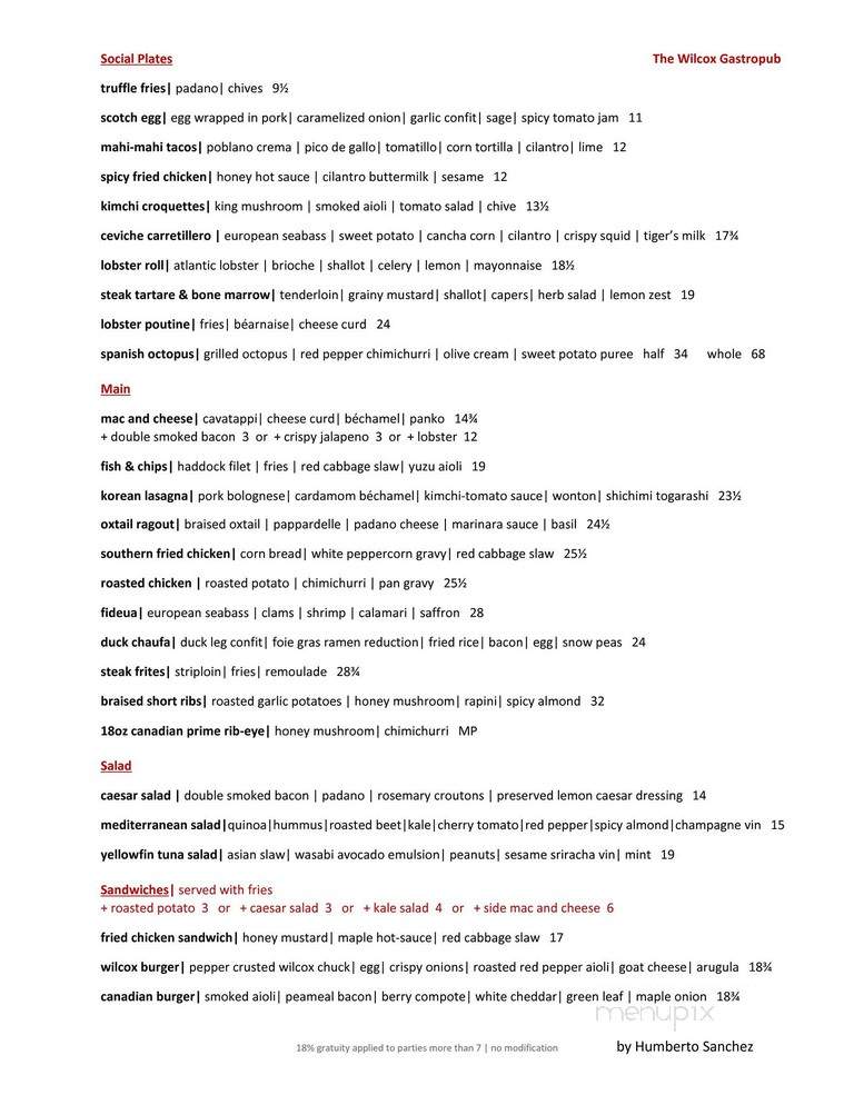 The Wilcox Gastropub - Mississauga, ON menu_pic