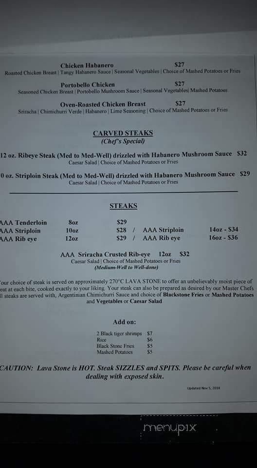 Menu of Blackstone Steakhouse and Grill in Mississauga, ON L5N 4H4