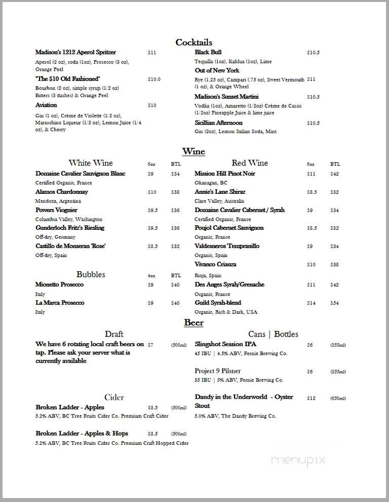Madison's 12|12 - Calgary, AB menu_pic