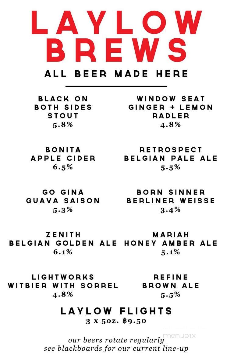 Laylow Brewery - Toronto, ON menu_pic