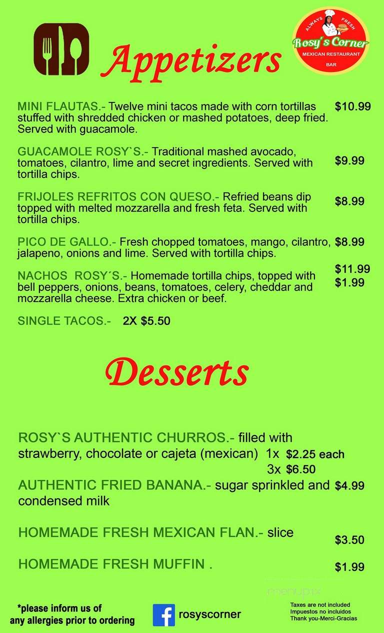Rosy's Corner Restaurant - Sudbury, ON menu_pic