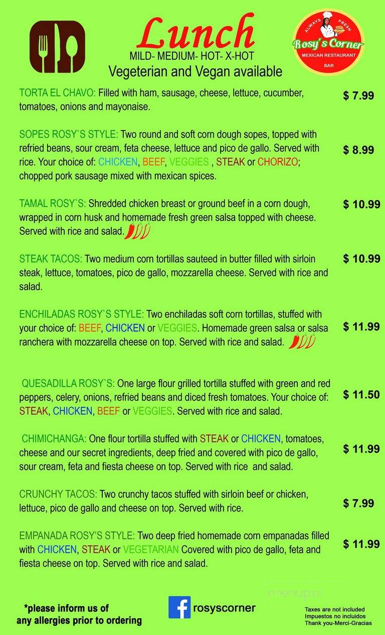 Rosy's Corner Restaurant - Sudbury, ON menu_pic