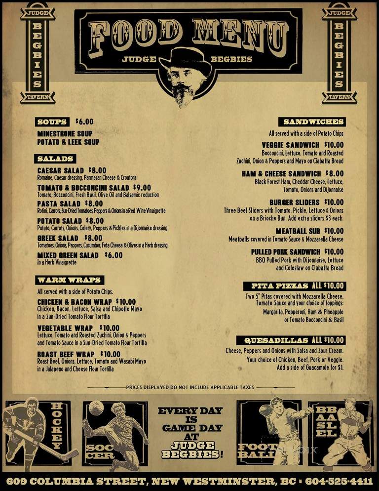 Judge Begbie's Tavern - New Westminster, BC menu_pic