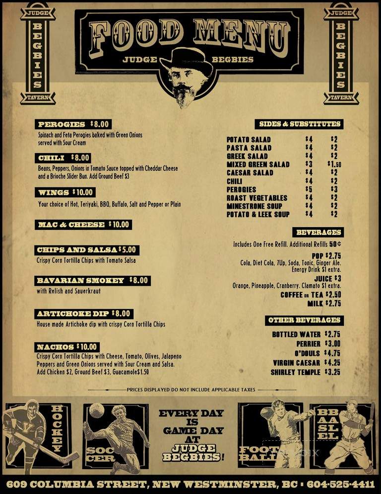 Judge Begbie's Tavern - New Westminster, BC menu_pic
