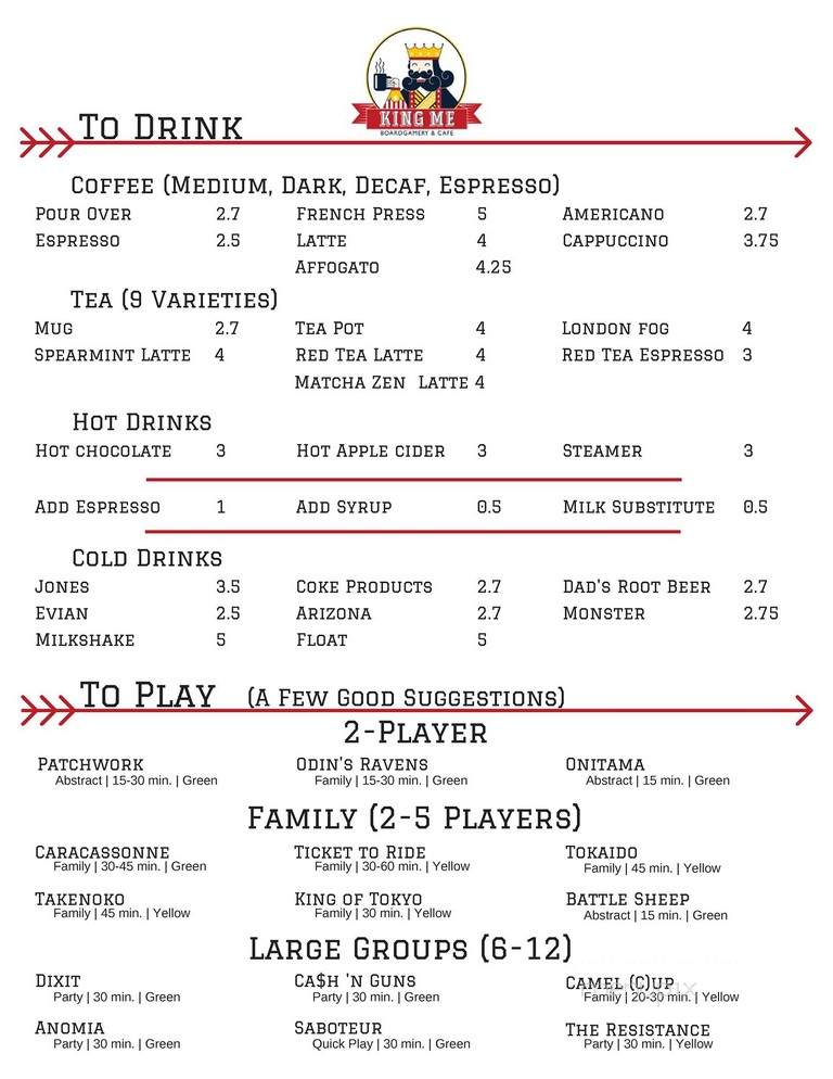 King Me Boardgamery & Cafe - Saskatoon, SK menu_pic