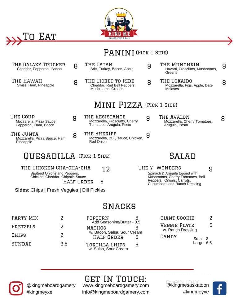 King Me Boardgamery & Cafe - Saskatoon, SK menu_pic