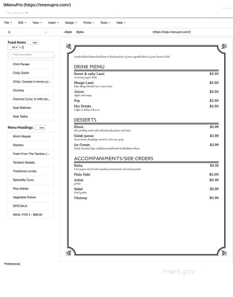 Mirch Masala & Indian Sweet Cuisine - Saskatoon, SK menu_pic