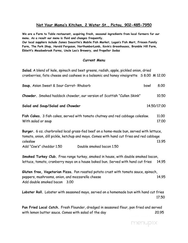 Not Your Mama's Kitchen - Pictou, NS menu_pic