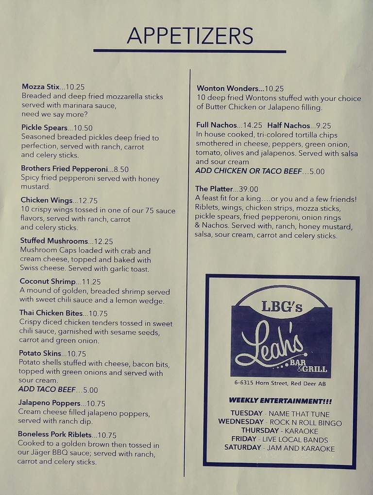 Leah's Bar and Grill LBG's - Red Deer, AB menu_pic