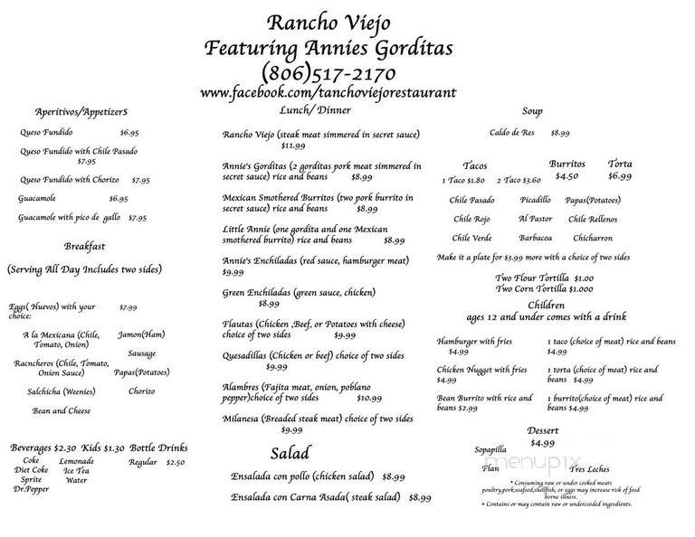 Rancho Viejo - Amarillo, TX menu_pic