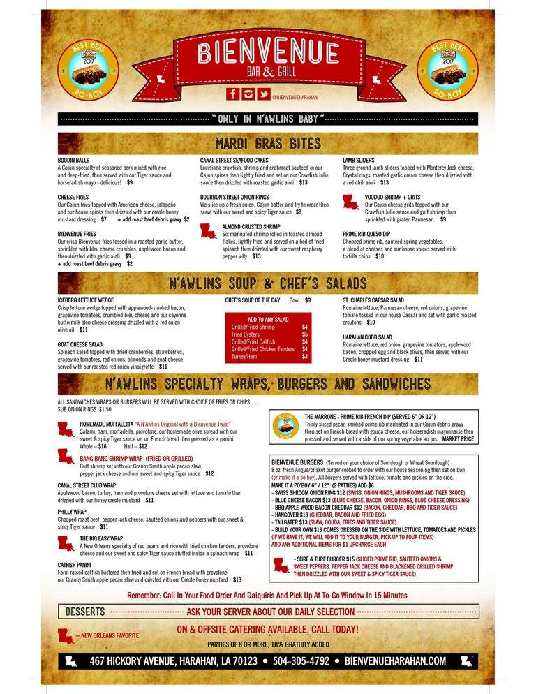 Bienvenue Bar & Grill - Harahan, LA menu_pic