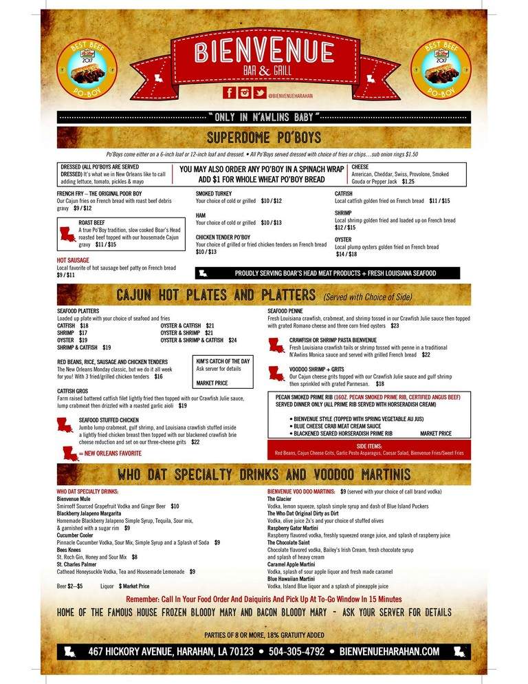 Bienvenue Bar & Grill - Harahan, LA menu_pic