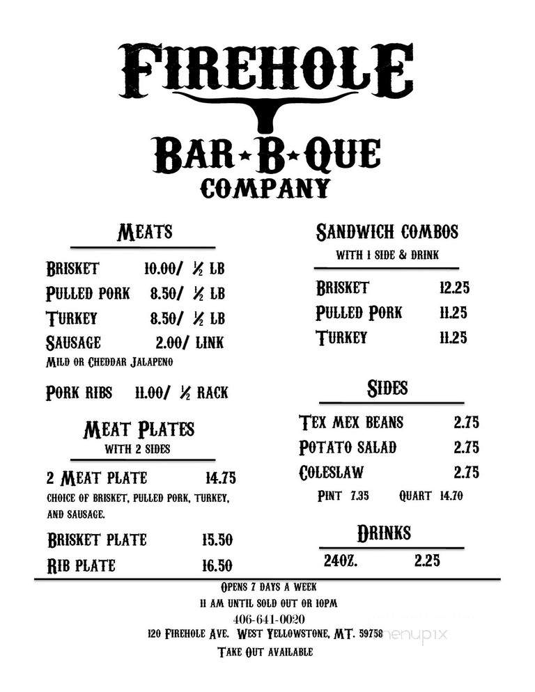 Firehole Bar-B-Que - West Yellowstone, MT menu_pic