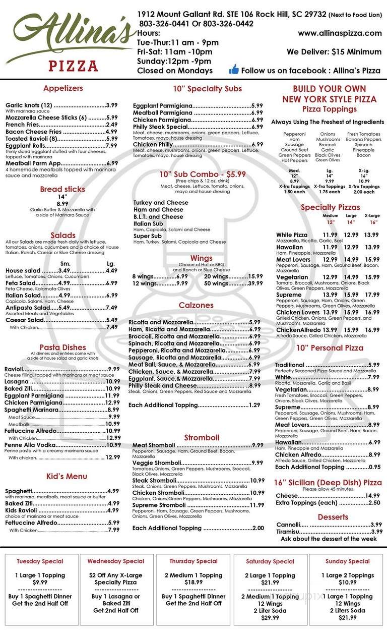 Allina's Pizza - Rock Hill, SC menu_pic