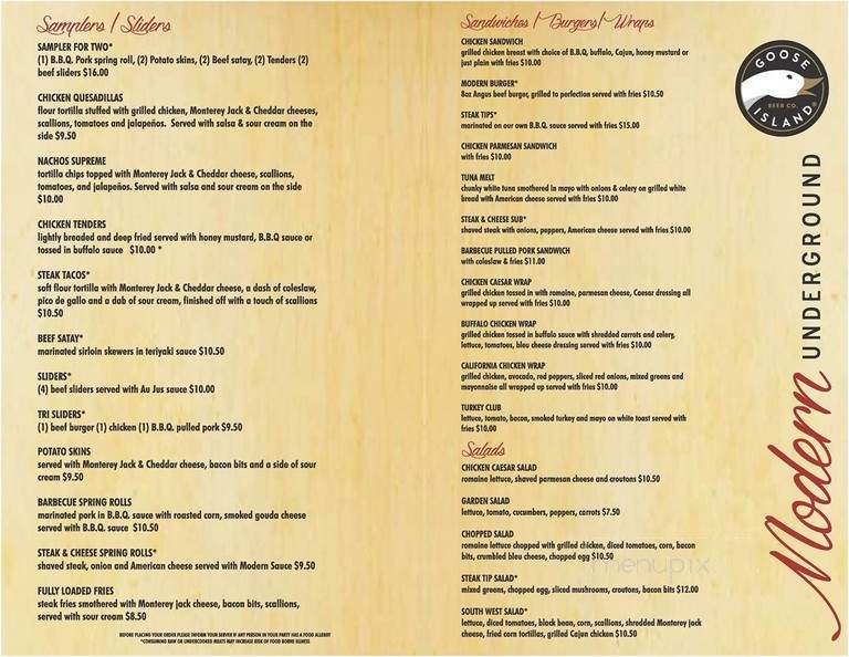 Modern Underground Bar and Grill - Boston, MA menu_pic