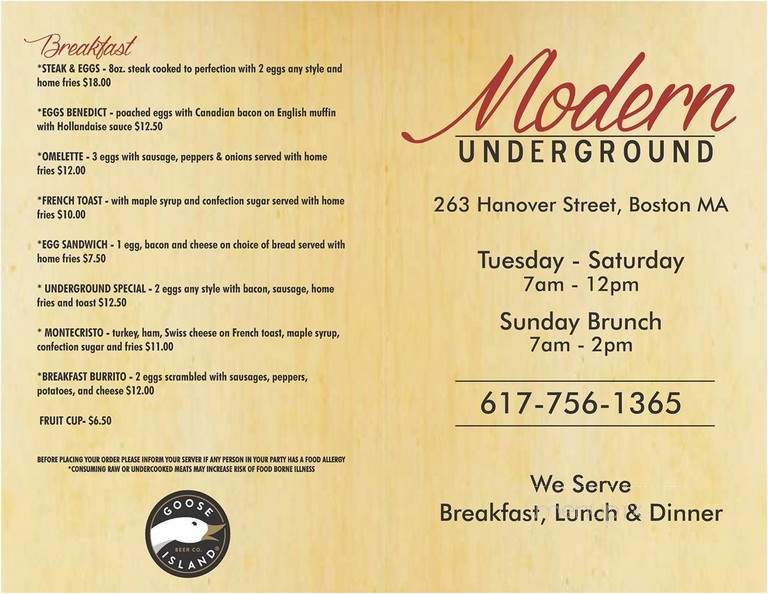 Modern Underground Bar and Grill - Boston, MA menu_pic