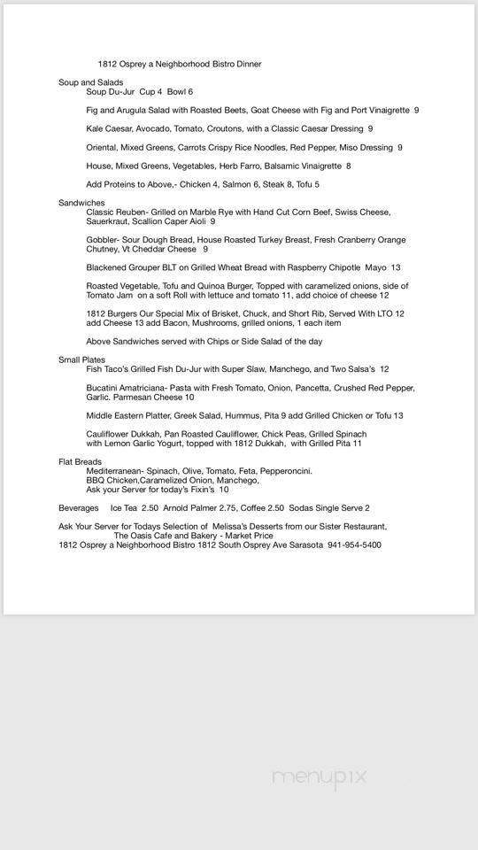1812 Osprey A Neighborhood Bistro - Sarasota, FL menu_pic
