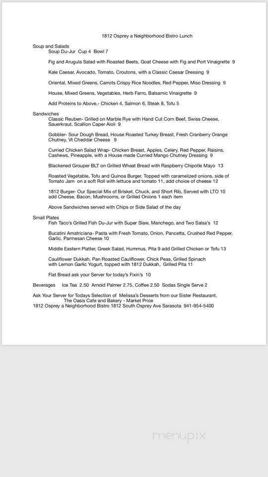 1812 Osprey A Neighborhood Bistro - Sarasota, FL menu_pic
