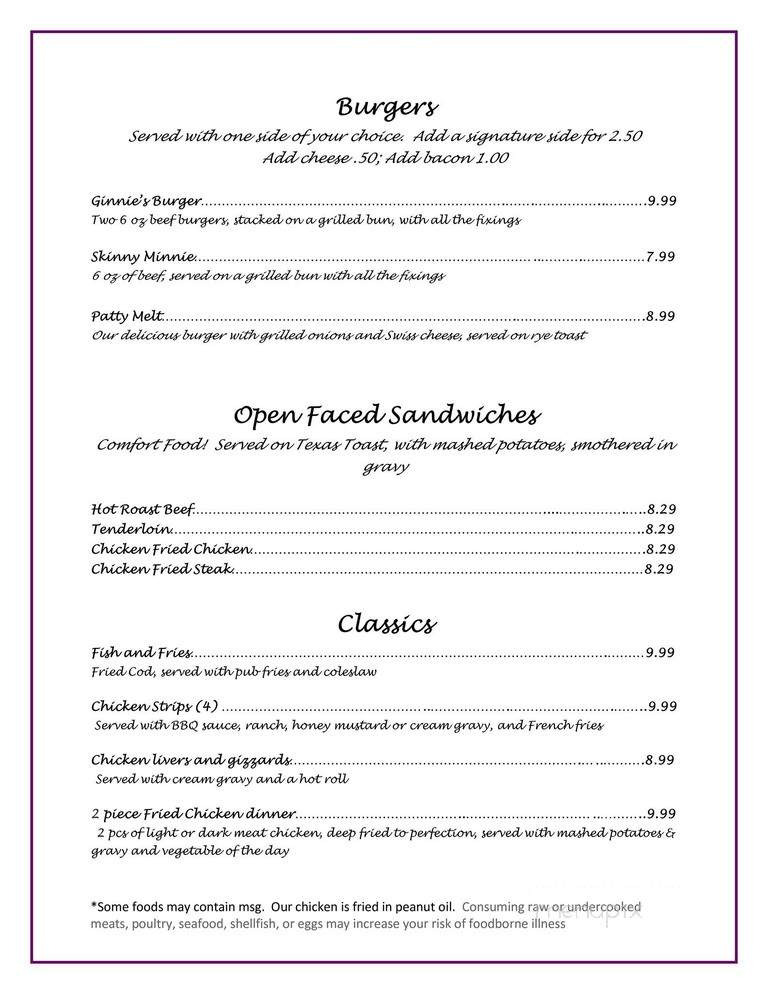 Ginnie's Restaurant and Coffee Bar - Brookfield, MO menu_pic