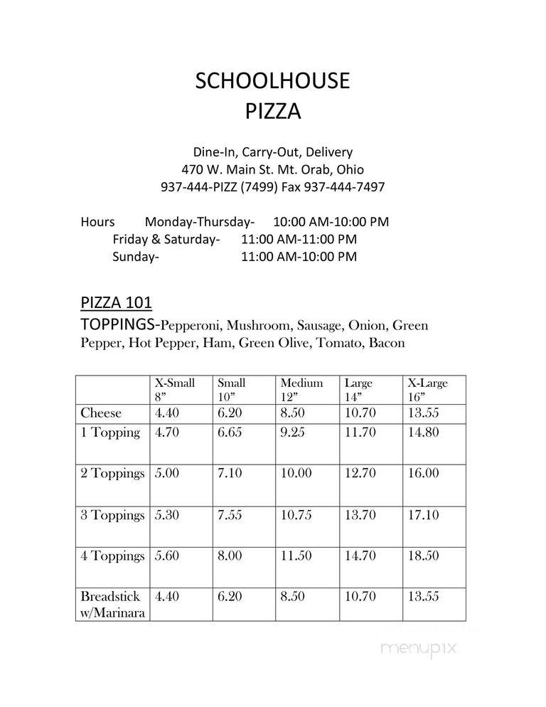 Lloyd's Schoolhouse Pizza - Mount Orab, OH menu_pic