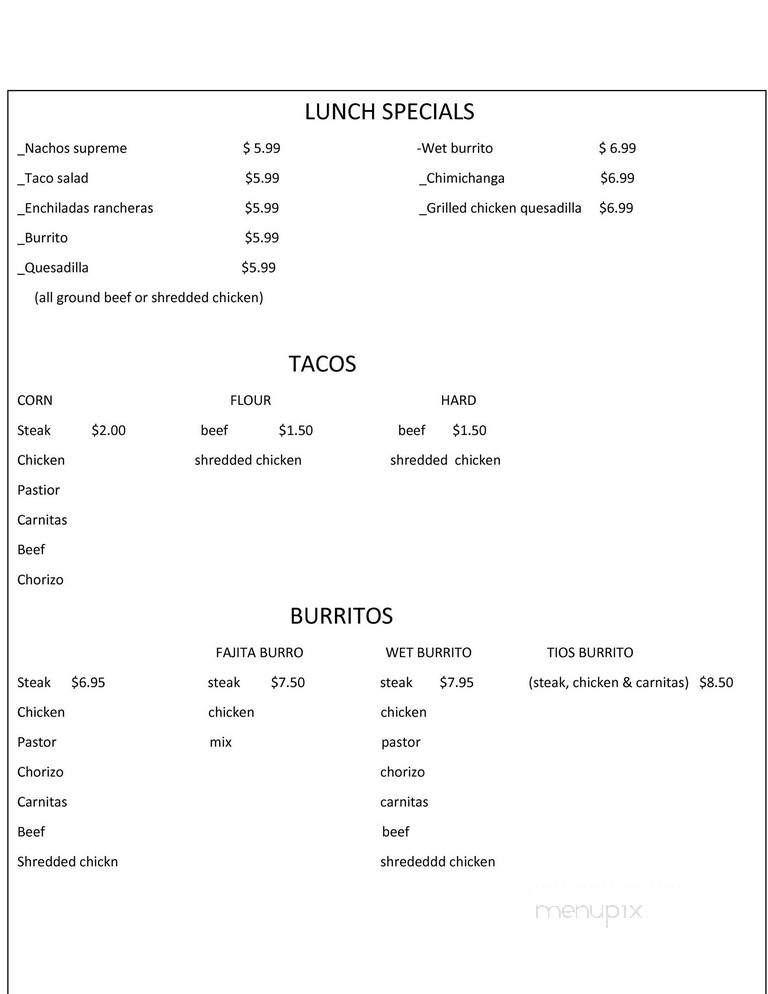 Tios Mexican Restaurant - Indianapolis, IN menu_pic