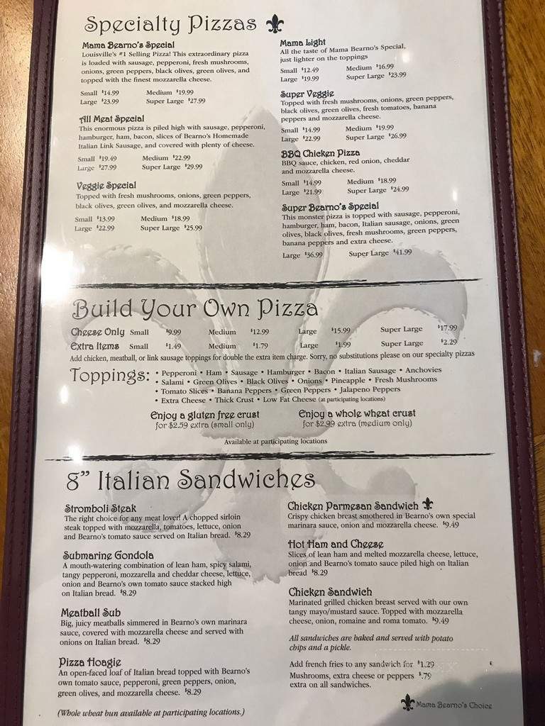 Bearno's 502 - Louisville, KY menu_pic