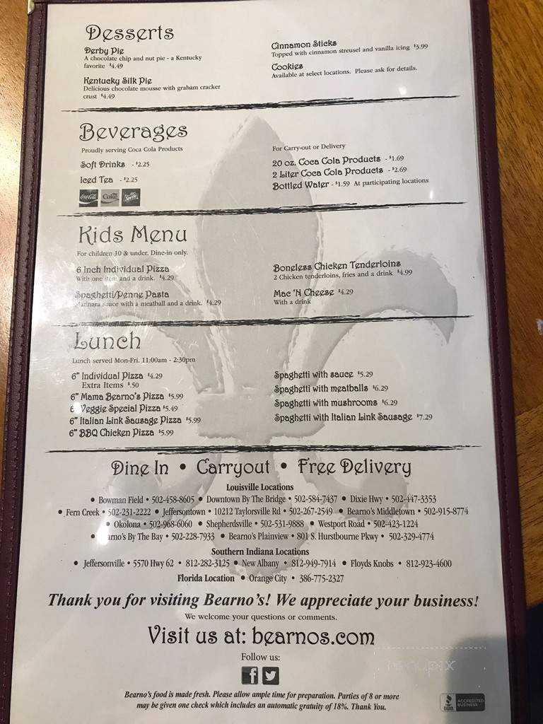 Bearno's 502 - Louisville, KY menu_pic