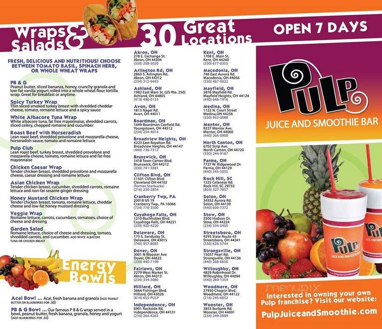 Menu of Pulp Juice And Smoothie Bar in Independence OH 44131