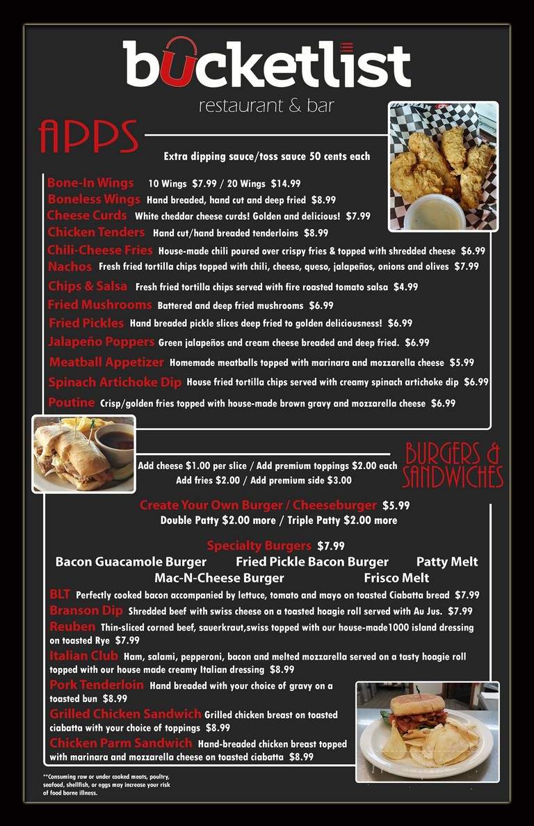 Bucket List Restaurant and Bar - Branson, MO menu_pic