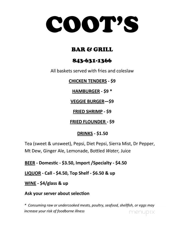 Coot's Bar & Grill - Edisto Island, SC menu_pic